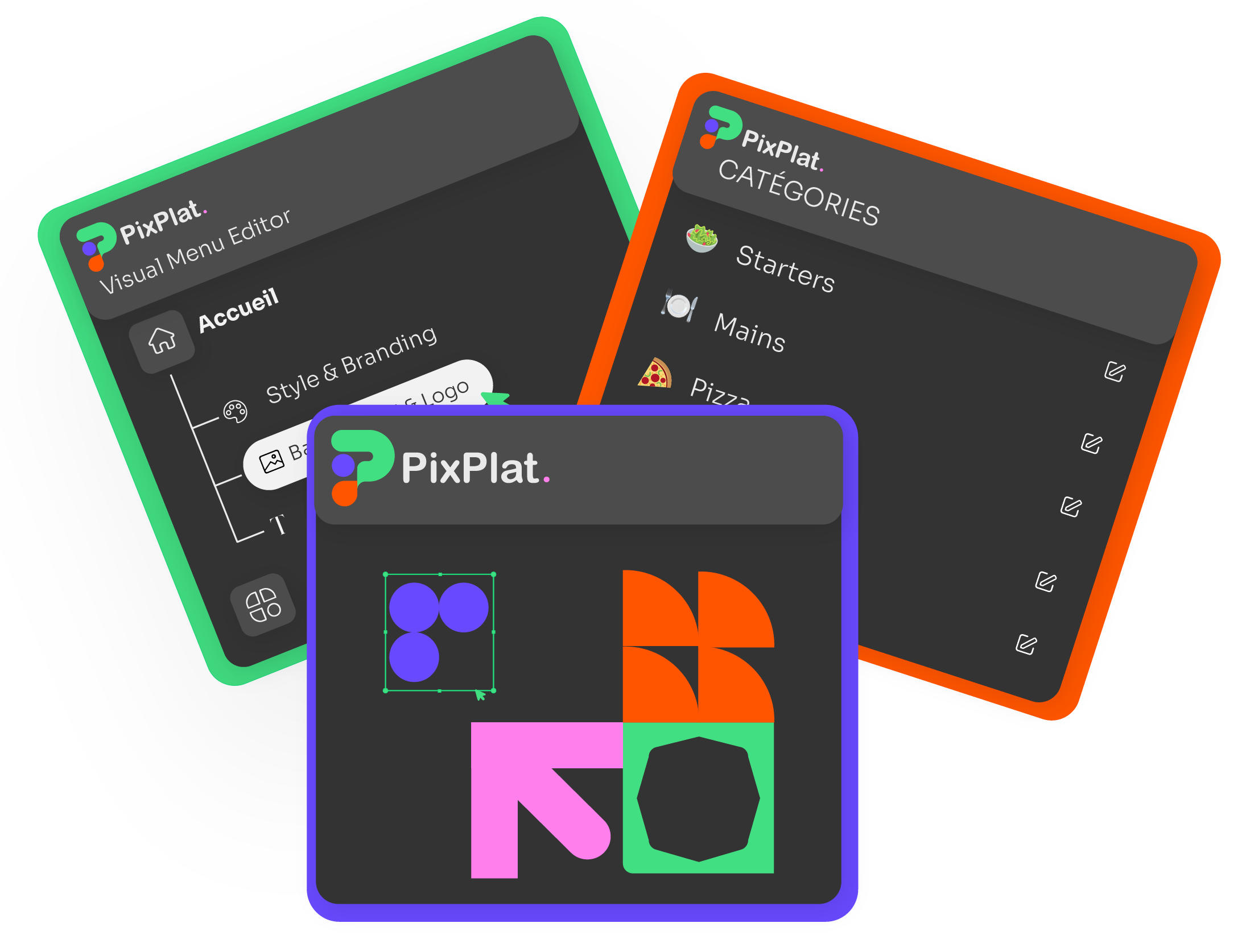 PixPlat interface mockups showing menu editor capabilities